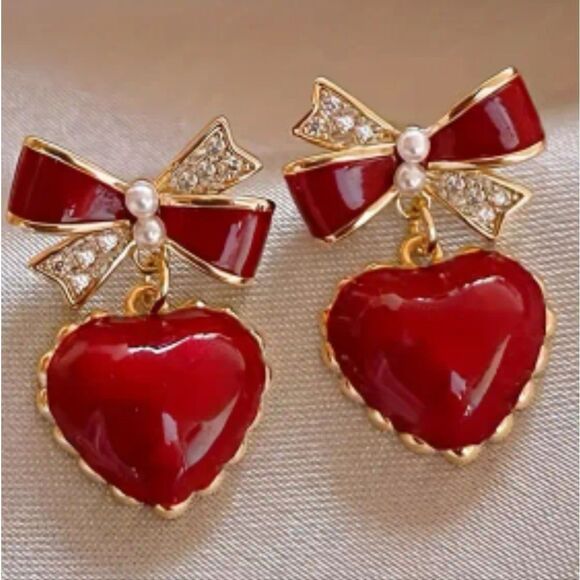 💲6️⃣ Bundled ✔️Bauble Heart-Shaped Dangle Red Gold Heart Earrings - Picture 3 of 10